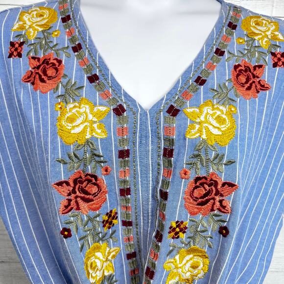 Entro ANTHRO Large blue embroidered floral tie Peasant blouse cottage coquette - Picture 2 of 8